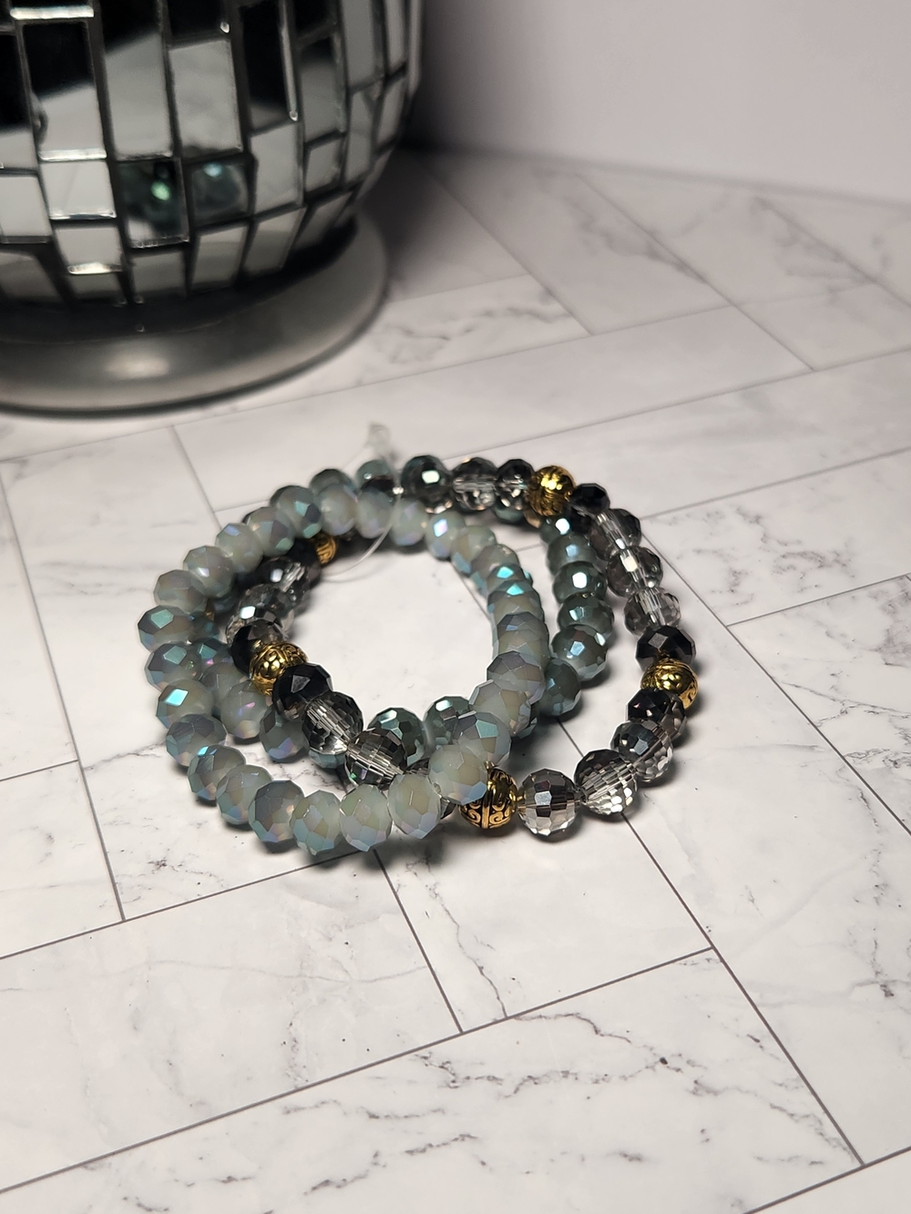 Stackable Gray and Gold Faceted Bead Bracelet Set